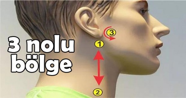 Geldik son ve en önemli üçüncü noktaya. Lu Hun'a göre burası kan basıncını kontrol etmede en etkili bölgedir. Resimde gördüğünüz 3 nolu bölgeye yukarıdan aşağıya yani saat yönünün tersine iki elinizle 2 dakika boyunca masaj uygulayın. 5 dakika içinde kendinizi çok iyi hissedeceksiniz ve tansiyonunuz normale dönecektir.