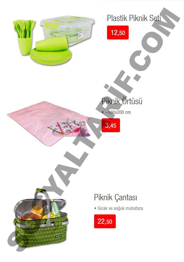 Kataloğumuzun 5. sayfasında piknik sezonunun açılması ile birlikte harika ürünlere yer verilmiş durumda. Piknik çantası 22,50 TL, plastik piknik seti 12,50 TL, piknik örtüsü ise 3,45 TL’ye 20 Mayıs’tan itibaren satışa sunulmayı bekliyor.