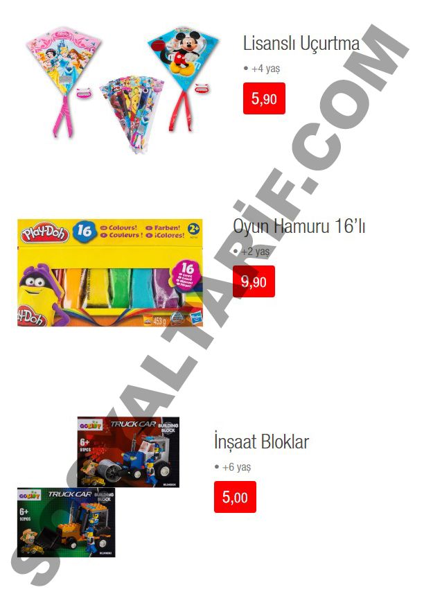 BİM kataloğunun son sayfasında ise çocukları sevindirecek ürünler karşımıza çıkıyor. Lisanslı uçurtma 5,90 TL, 16’lı oyun hamuru 9,90 TL, inşaat bloklar ise 5 TL’ye katalogta karşımıza çıkıyor.